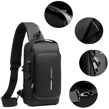 Wasserdichter Einzelschulter-Rucksack, Tasche, USB-Code-Abdeckung, 32 x 21 x 9 cm, Einzelschulter, Herren, Damen, Schwarz