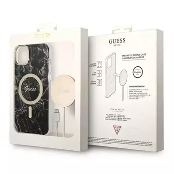 Zestaw Guess GUBPP14SHMEACSK Case Charger iPhone 14 6,1" Czarny/Black Hard Case Marble MagSafe