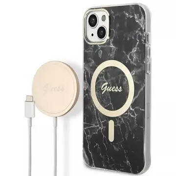 Zestaw Guess GUBPP14SHMEACSK Case Charger iPhone 14 6,1" Czarny/Black Hard Case Marble MagSafe