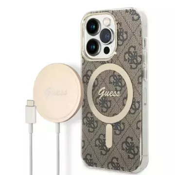 Zestaw Guess GUBPP14XH4EACSW Hülle Ladegerät iPhone 14 Pro Max 6,7" brązowy/braun Hartschale 4G Print MagSafe