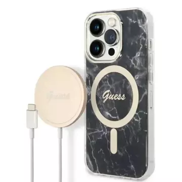 Zestaw Guess GUBPP14XHMEACSK Hülle Ladegerät iPhone 14 Pro Max 6,7" czarny/schwarz Hartschale MagSafe Marble