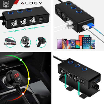 Zigarettenanzünder-Splitter x3 Auto 4x USB QC 12-24V Ladegerät Adapter Schalter 120W Alogy Schwarz