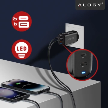 Alogy GaNCharge Kompaktes 3-in-1-Wandladegerät, schnelles Laden, GaN3, 65 W, USB-A, 30 W, 2 x USB-C, 65 W, Schwarz