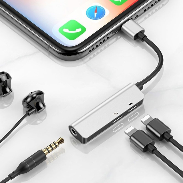 Adapter przejściówka Audio Baseus Lightning do miniJack 3.5mm + 2x Lightning do iPhone Srebrny