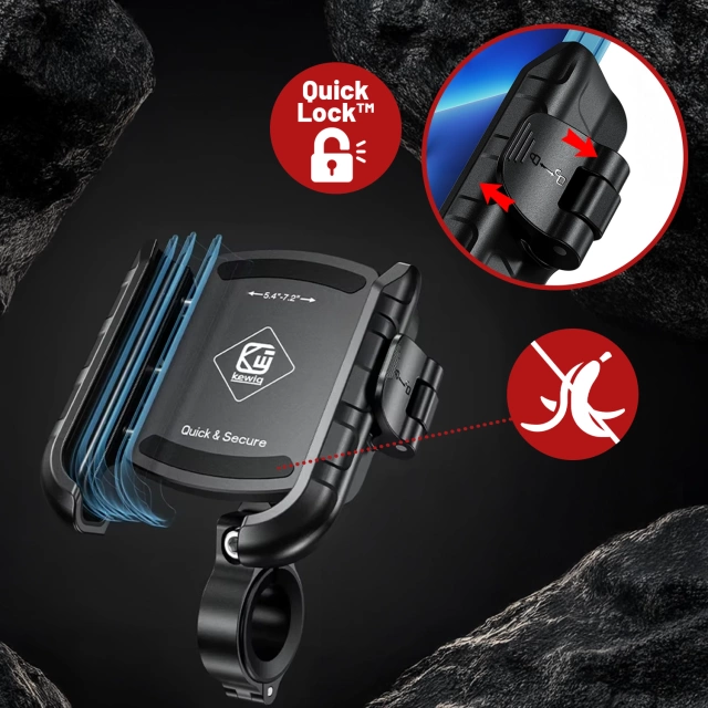 Uchwyt Motocyklowy na Telefon z Szybkim Ładowaniem 36W USB-C PD Kewig do Kierownicy i Lusterka, Rotacja 360°, Kompatybilny z Telefonami 5.4–7" - Czarny