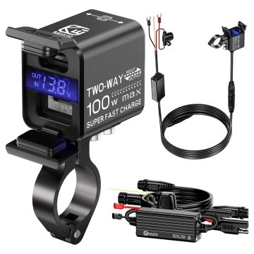 Kewig Motorradladegerät, universelles Aluminium-Ladegerät, 100 W, bidirektional mit Voltmeter, Schnellladefunktion über USB-A und USB-C, intelligent und wasserdicht – Schwarz