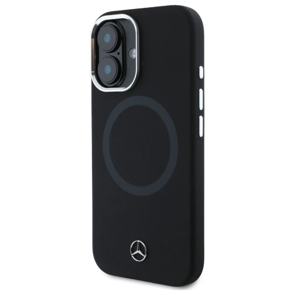 Mercedes-Hülle für iPhone 16 6,1 Zoll, schwarzes Hardcase, Ton-in-Ton-Logo aus Silikon, MagSafe