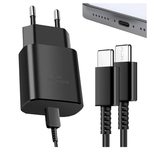 Ładowarka Sieciowa Oryginalna Samsung USB-C 25W + Kabel USB-C 1.8 m, Super Fast Charge, Szybkie Ładowanie, Zestaw Premium – Czarna