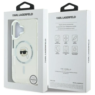 Karl Lagerfeld Hülle für iPhone 16 6,1" Weißes MagSafe Hardcase IML Metal Karl Head