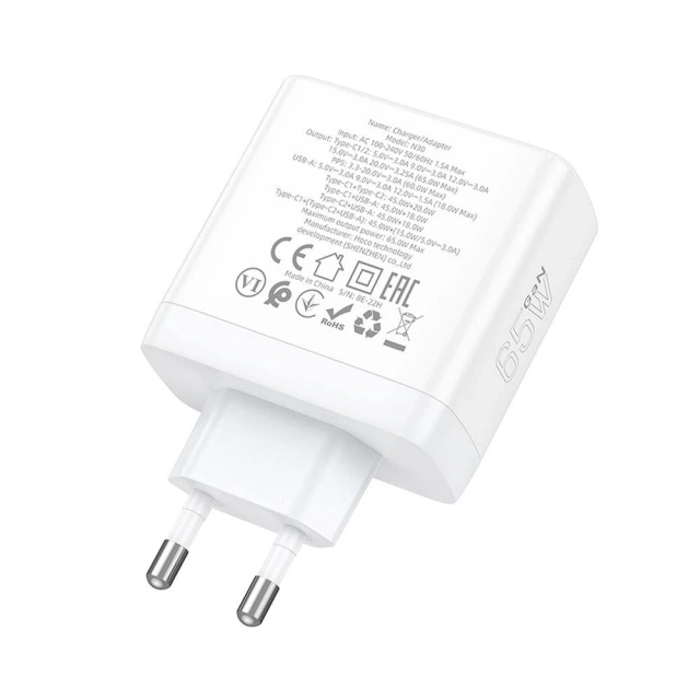 Ładowarka sieciowa HOCO 2 x Typ C + USB A QC PD 65W GaN Biała