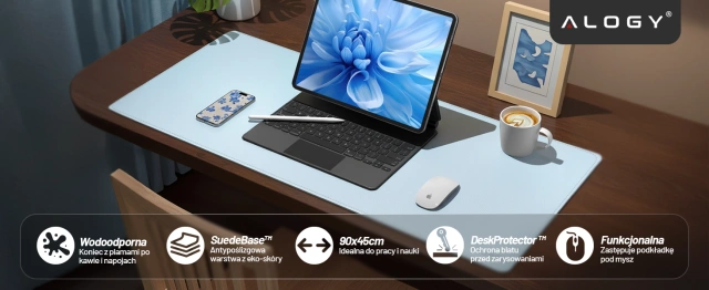Podkładka na biurko 90×45 cm – antypoślizgowa mata ochronna z eleganckiej ekoskóry PU, pod mysz i klawiaturę, stylowa i trwała – Alogy WorkMat™ Niebieska
