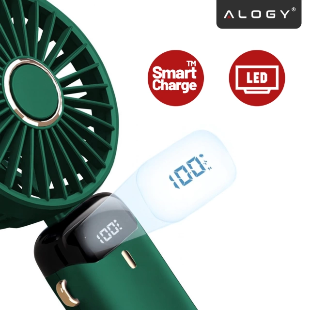Wentylator Wiatrak Ręczny Bezprzewodowy, Przenośny i Biurkowy, z Uchwytem na Telefon, Ładowanie USB-C, Bateria 18650, Alogy CoolBreeze™ – Zielony