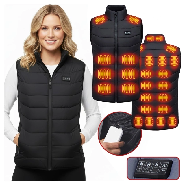 Kamizelka grzewcza z 28 strefami – 4-stopniowa regulacja temperatury, zasilanie USB, idealna na zimę i aktywności outdoor – Alogy ThermoVest™ Czarna (XL)