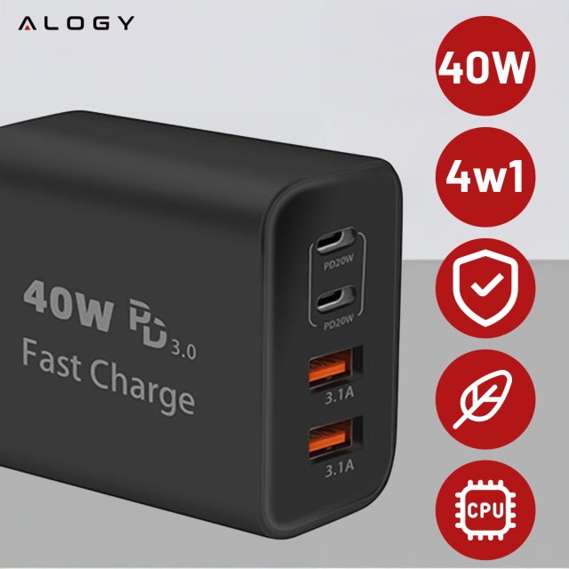 Ładowarka sieciowa 40W 2x USB 2x USB-C Alogy Super Fast Charger Szybkie ładowanie PowerDelivery PD Czarna