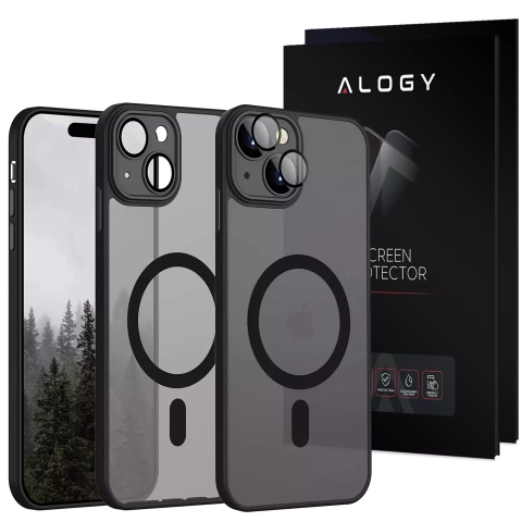 Etui + Szkło hartowane do Apple iPhone 15 Plus obudowa Alogy MagSafe Hybrid Matte Case pokrowiec matowy z ochroną obiektywu czarny