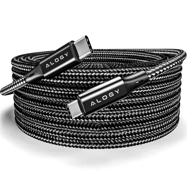 Kabel USB-C typ C mocny szybki 60W PD 2M do iPhone 15/Pro/Max nylonowy przewód Alogy Czarny