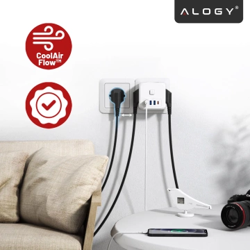 Netzwerk Splitter Splitter Ladegerät Adapter Dieb 3 Steckdosen EU 3x USB USB-C C 7in1 Alogy Weiß