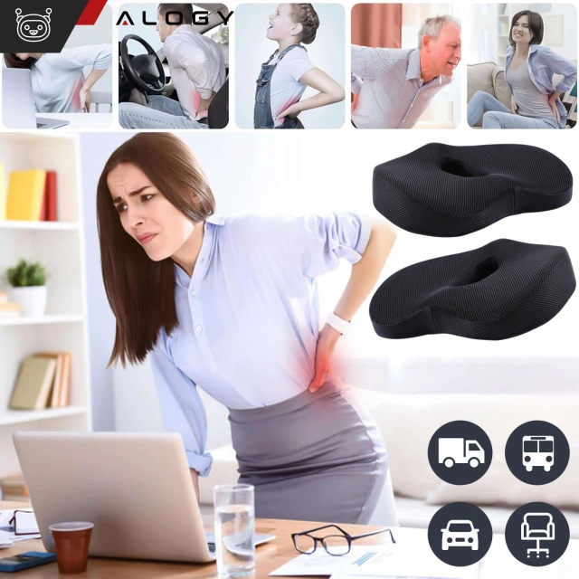 Poduszka ortopedyczna do siedzenia Alogy Seat Pillow do auta na krzesło do biurka siedzisko na fotel z pianką Memory Foam zapamiętująca Czarna