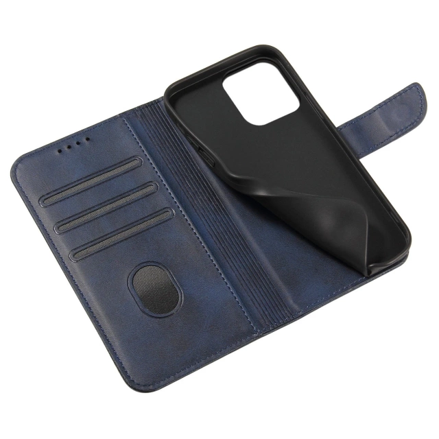 Etui na telefon Magnet Case do iPhone 13 Pro Max elegancki futerał etui pokrowiec z klapką i funkcją podstawki niebieski
