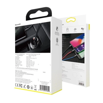 Baseus Autoladegerät 2x USB 4.8A 24W mit LCD Kabel 3in1 USB - USB Type C / Micro USB / Lightning 1.2m schwarz (TZCCBX-0G)