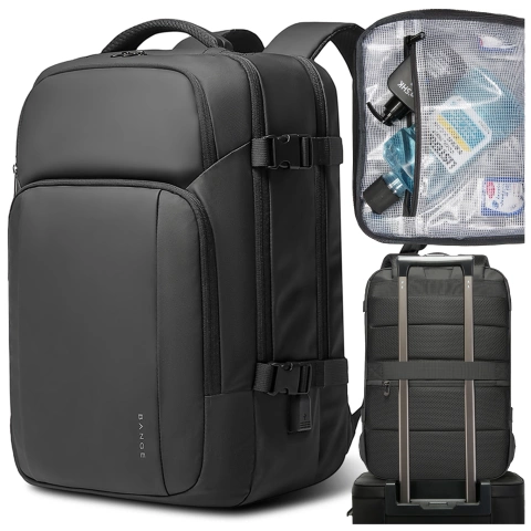 Bange wasserdichter Rucksack für 15,6-Zoll-Laptop, Stadtreisender, 45 x 30 x 16 cm, für Arbeit, Flugzeug, Herren, Damen, mit USB-Anschluss Schwarz