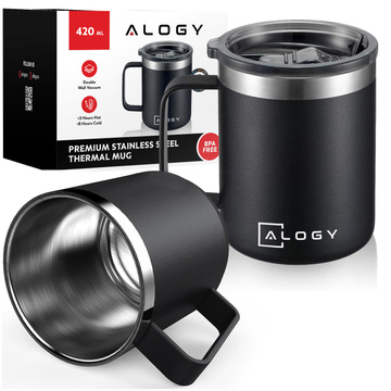 Thermobecher-Set mit 2 Tassen. Thermobecher 420 ml mit Griffdeckel für Kaffee, Tee, Stahl, Alogy Black