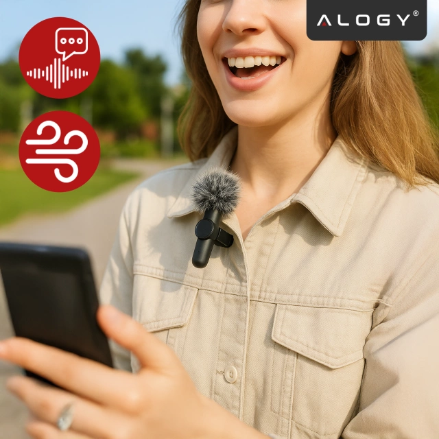 Mikrofon Bezprzewodowy 2x Zestaw - USB-C, redukcja szumu, lekka konstrukcja, zasięg do 20 metrów - 2x Mikrofon Krawatowy z Futerkową Osłoną, Odbiornik do telefonu - Alogy DualVoice™ Czarny