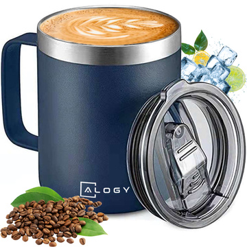 Thermobecher 420 ml mit Griffdeckel für Kaffee, Tee, kalte und warme Getränke aus Stahl, Alogy, Marineblau, Waschbürste