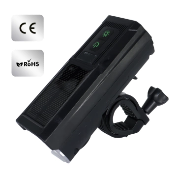 LED-Fahrradfrontlicht mit Solarpanel und Hupe, superhell (1000 lm, 4400 mAh), wasserdicht, schwarz