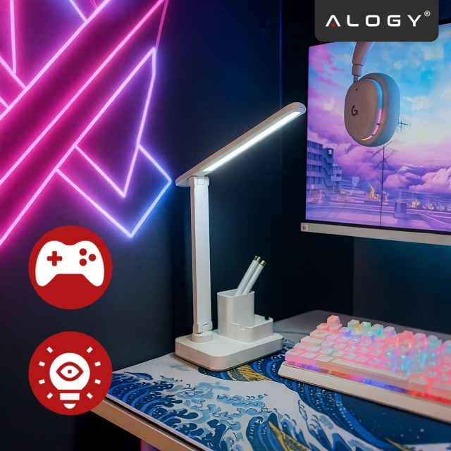 Lampka biurkowa nocna LED – akumulator 2400 mAh, organizer na długopisy i telefon, regulowane światło, idealna na biurko i do nauki – Alogy Light&Organize™ Biała