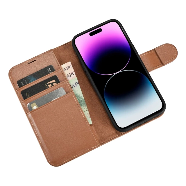 Etui na telefon iCarer Wallet Case 2in1 do iPhone 14 Pro Max skórzany pokrowiec z klapką Anti-RFID brązowy
