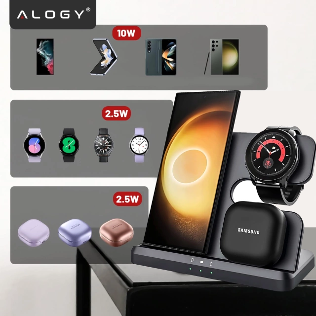 Ładowarka Bezprzewodowa Indukcyjna 3w1 Qi 3.0 Szybka do Samsung S22 S23 S24 S25 Galaxy Watch Buds Stacja czarna