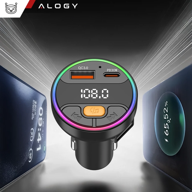 Transmiter samochodowy z Ładowarką Alogy PowerTune USB-A USB-C szybkie ładowanie PowerDelivery PD30W Quick Charge QC3.0 Czarny