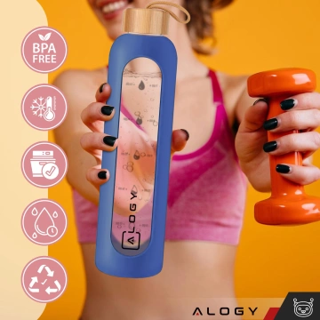 Große Glasflasche, Trinkflasche Alogy Motivational Messbecher 1l 1000ml, Silikonhülle Blau