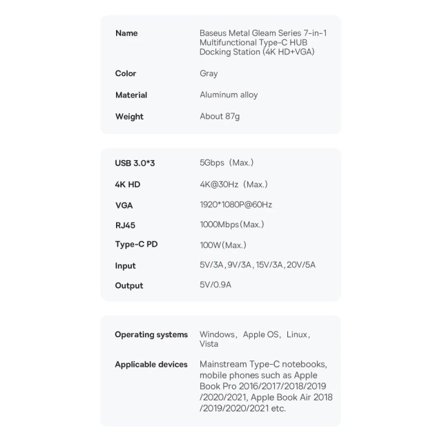 Baseus Metal Gleam Series stacja dokująca HUB 7 w 1 szary (WKWG040013)