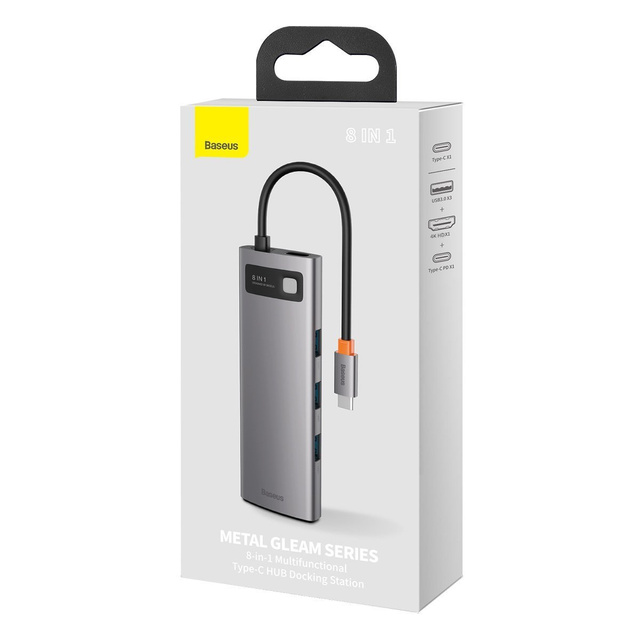 Hub 8w1 Baseus Metal Gleam Series, USB-C do 3x USB 3.0 + HDMI + USB-C PD + Ethernet RJ45 + microSD/SD