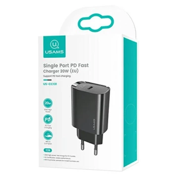 USAMS Wandladegerät 1x USB-C T39 20W (nur Kopf) PD3.0 Fast Charging schwarz/schwarz CC131TC01 (US-CC131)