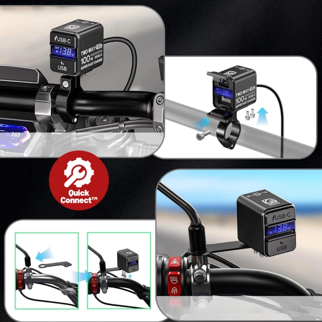 Ładowarka Motocyklowa Kewig, Uniwersalna Aluminiowa 100W, Dwukierunkowa z Woltomierzem, Szybkie Ładowanie USB-A i USB-C, Inteligentna i Wodoodporna – Czarna