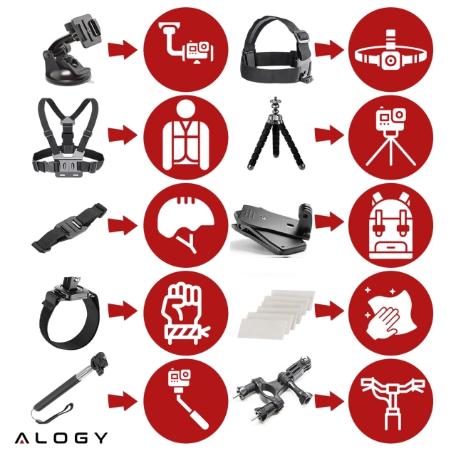 Zestaw Akcesoriów do GoPro Hero 13 12 11 10 9 8 7 6 kamerki sportowej zestaw mocowań Alogy ActionKit™ XXL 58w1 z Etui pokrowcem Walizką