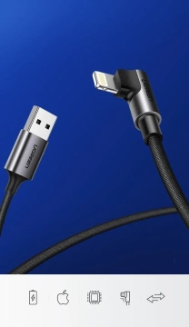 Kątowy kabel UGREEN przewód USB - Lightning MFI  1m 2,4A czarny (60521)