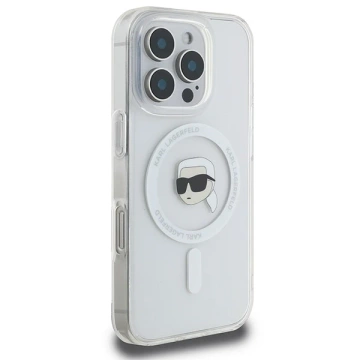 Karl Lagerfeld Hülle für iPhone 16 Pro Max 6,9" Weißes MagSafe Hardcase IML Metall Karl Head