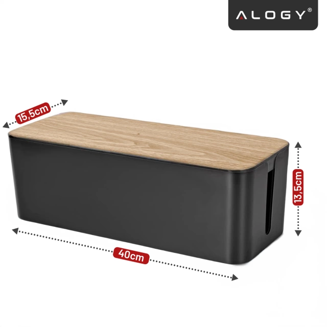 Organizer Pojemnik na Kable i Listwy, Pudełko Biurkowe i Podłogowe Rozmiar L, Estetyczne Wykończenie Drewno, Alogy CableBox™ – Czarny