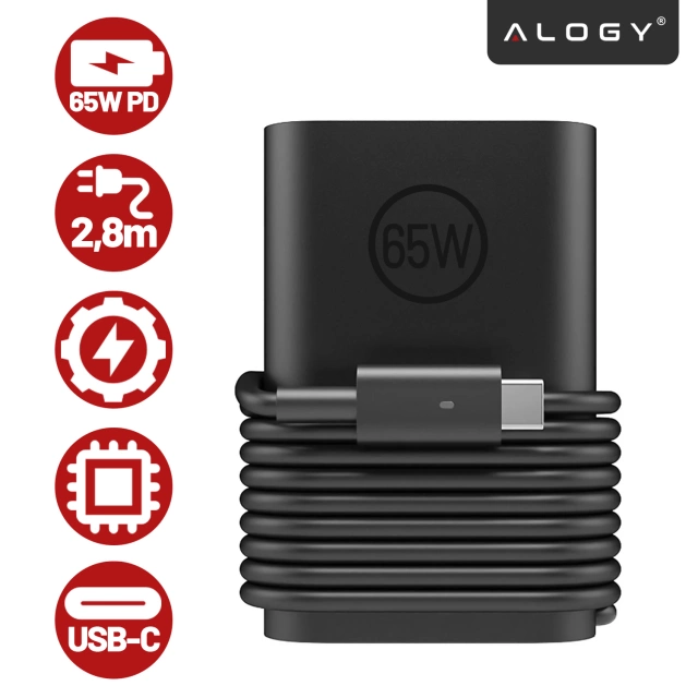 Zasilacz USB-C 65W PD do Laptopów HP Lenovo Asus Apple, Szybkie Ładowanie 20V 3.25A, Długi Kabel 2.8m, Kompaktowy i Wydajny, Alogy PowerBoost™ – Czarny