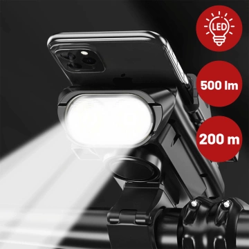 Fahrrad Handyhalter 4in1 LED Licht T6 Frontklingel Fahrradhupe Powerbank 3000mAh Schwarz