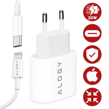 Ładowarka sieciowa Alogy szybka USB-C PD 20W + Kabel 1m przewód Lightning do iPhone Biały
