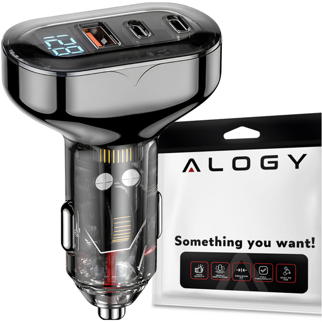Ładowarka samochodowa 2x USB-C C PD 36W + USB QC 3.0 LED szybka do telefonu mocna 72W Alogy czarna