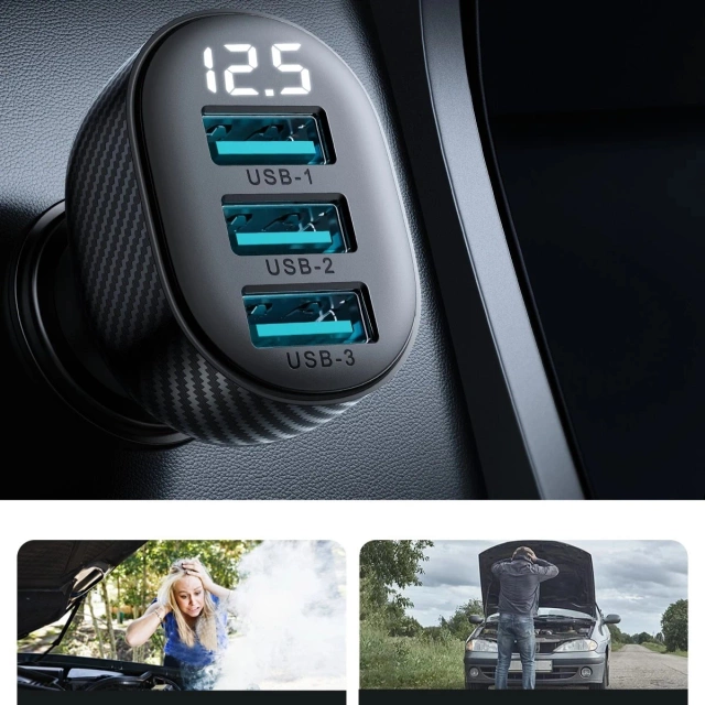 Ładowarka samochodowa Joyroom JR-CCD03 3× USB-A 17 W z wyświetlaczem – czarna