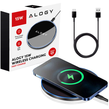 QI kabelloses induktives Ladegerät 15 W schnelle LED Alogy rund für iPhone USB-C-Kabel Schwarz