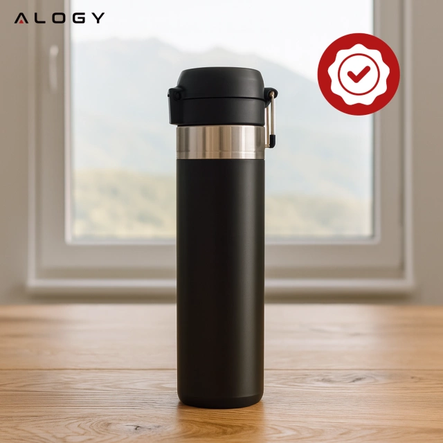 Kubek termiczny Termos Alogy ThermoGo™ 800ml Stalowy Szczelny Pakowny Podróżny do Kawy i Herbaty Sportowy Długo Trzymający Ciepło do Auta i Plecaka Czarny
