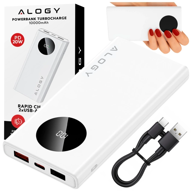 PowerBank 10000mAh z Technologią PD 120W, Szybkie Ładowanie PowerDelivery, Porty 2x USB-A i 1x USB-C, Wysoka Moc i Kompaktowy Design, Alogy TurboCharge™ – Biały